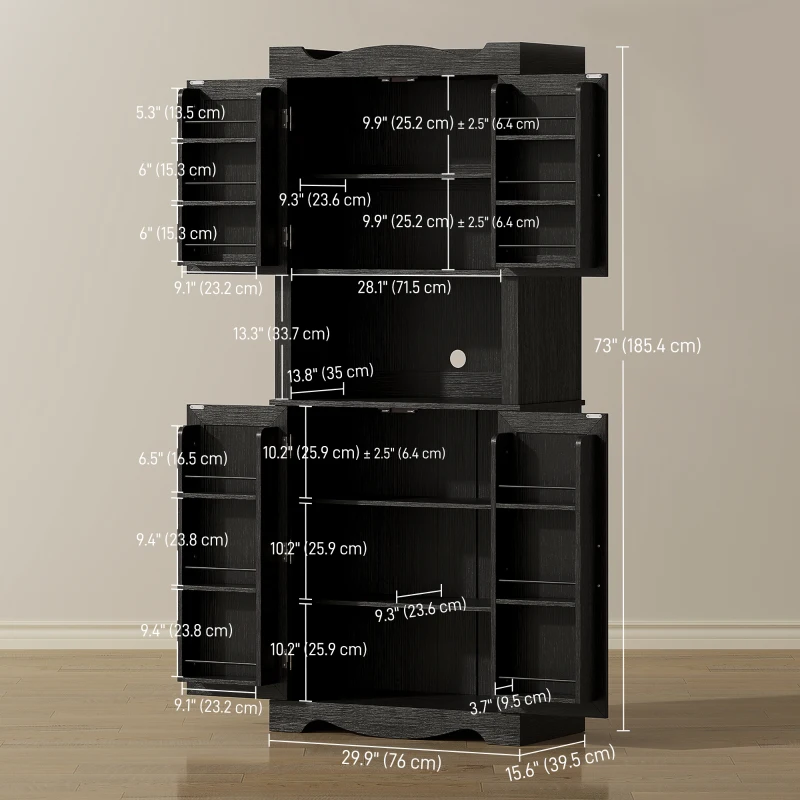 HOMCOM 73" Kitchen Pantry Cabinet, Freestanding Kitchen Hutch with 12 Door Shelves, Adjustable Shelves, Microwave Stand, Black