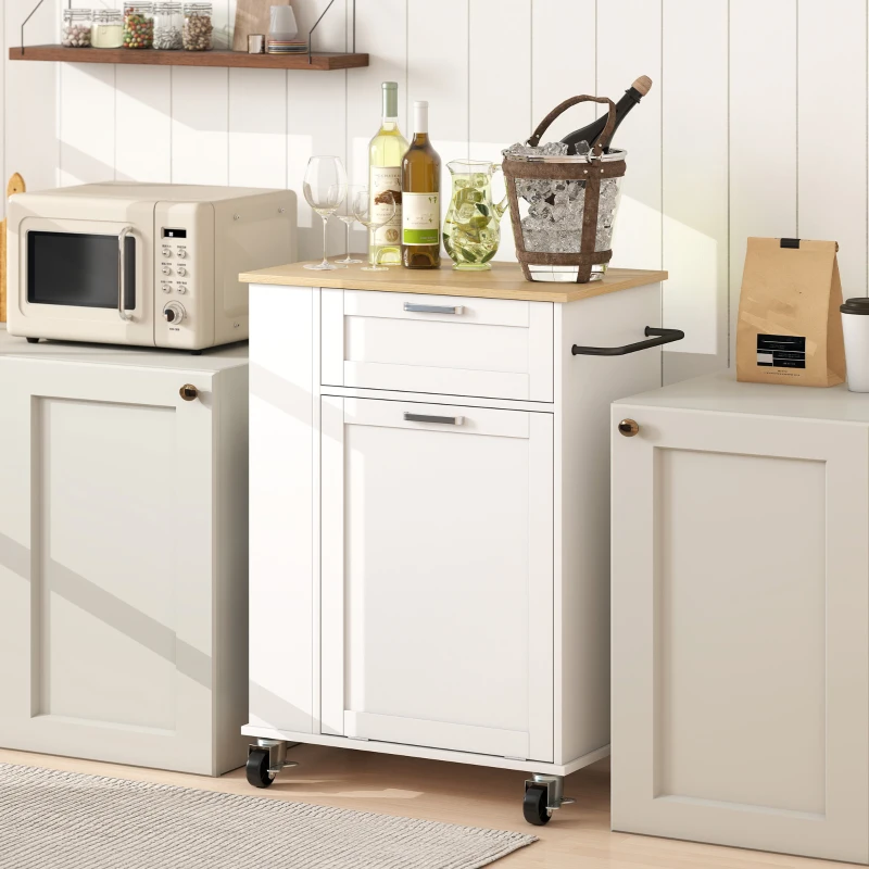 HOMCOM Rolling Kitchen Island with Trash Can Storage, Kitchen Island on Wheels with Spice & Rack, Drawer for Kitchen, White