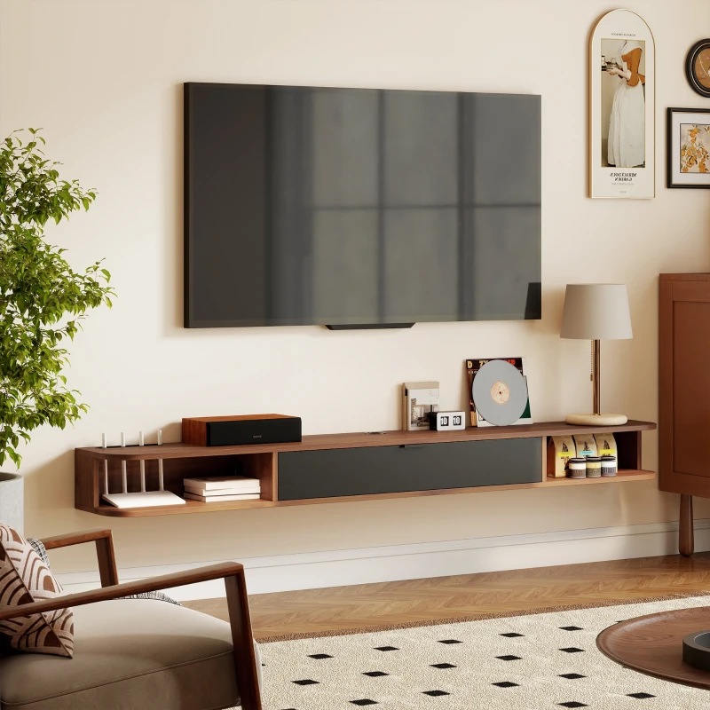 HOMCOM 71" Floating TV Stand for TVs up to 75 Inch, Wall Mounted Media Console with Flip Drawer and 2 Open Shelves, Walnut