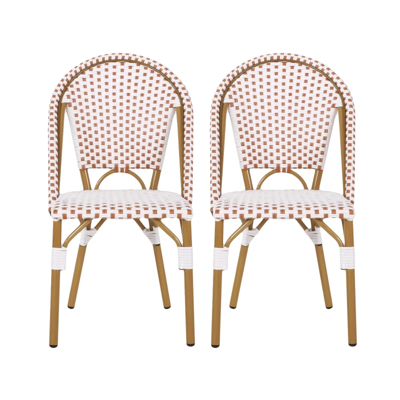 Set of 2 French Bistro Chairs with PE Rattan and Aluminium Frame, Outdoor Chairs with Bamboo Print Finish, 18.5'' L x 21.5'' W x 35'' H, White+Red