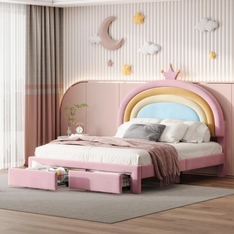 Full Size Upholstered Rainbow Design Bed with Velvet Finish and Storage Drawer, Bed Frame for Children, 77.5" L x 55.5" W x 47" H, Pink