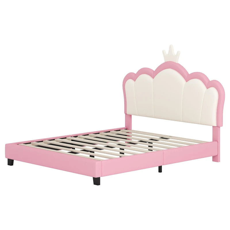 Full Size Upholstered Princess Bed with Crown Headboard, Solid Poplar Wood Frame, Bed Frame for Children, 80" L x 61.5" W x 44" H, Pink