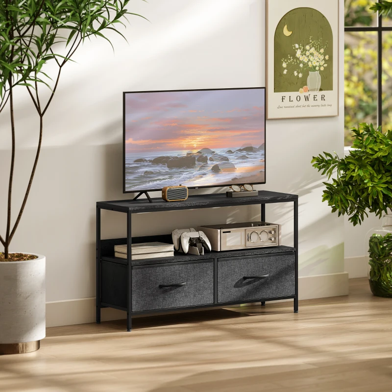 HOMCOM TV Stand with Charging Station, TV Table with 2 Foldable Linen Drawers and Open Shelf for 47 Inch Television, Black