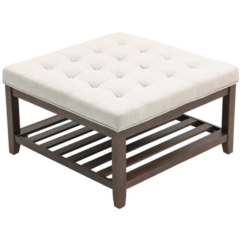 HOMCOM Ottoman Coffee Table, 32 Inch Square Footrest Ottoman with Storage, Linen Upholstered Tufted Footstool, Beige