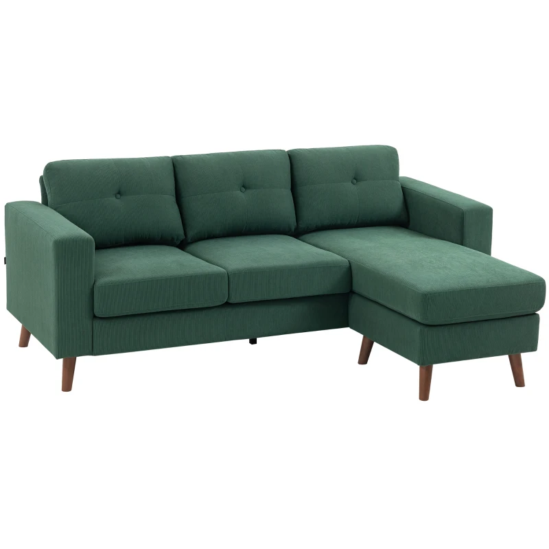 HOMCOM Sectional Sofa with Changeable Chaise Lounge, 3 Seat L-Shaped Sofa, Upholstered Couch for Small Space, Dark Green