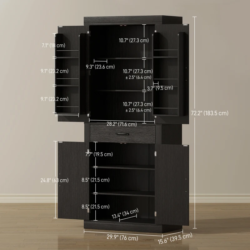HOMCOM 72" Kitchen Pantry Cabinet, Farmhouse Kitchen Storage Cabinet with 4 Barn Doors, 6 Door Shelves, Drawer, Black