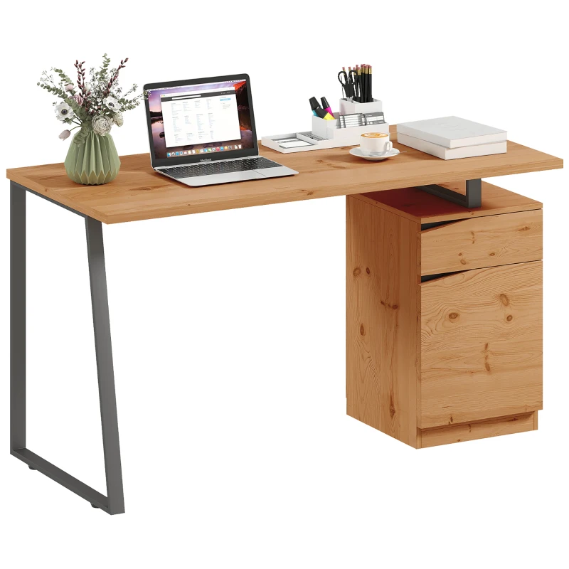 HOMCOM 53 Inch Computer Desk, Writing Table with Cabinet, Drawer, Adjustable Shelf for Home Office Study, Natural Wood