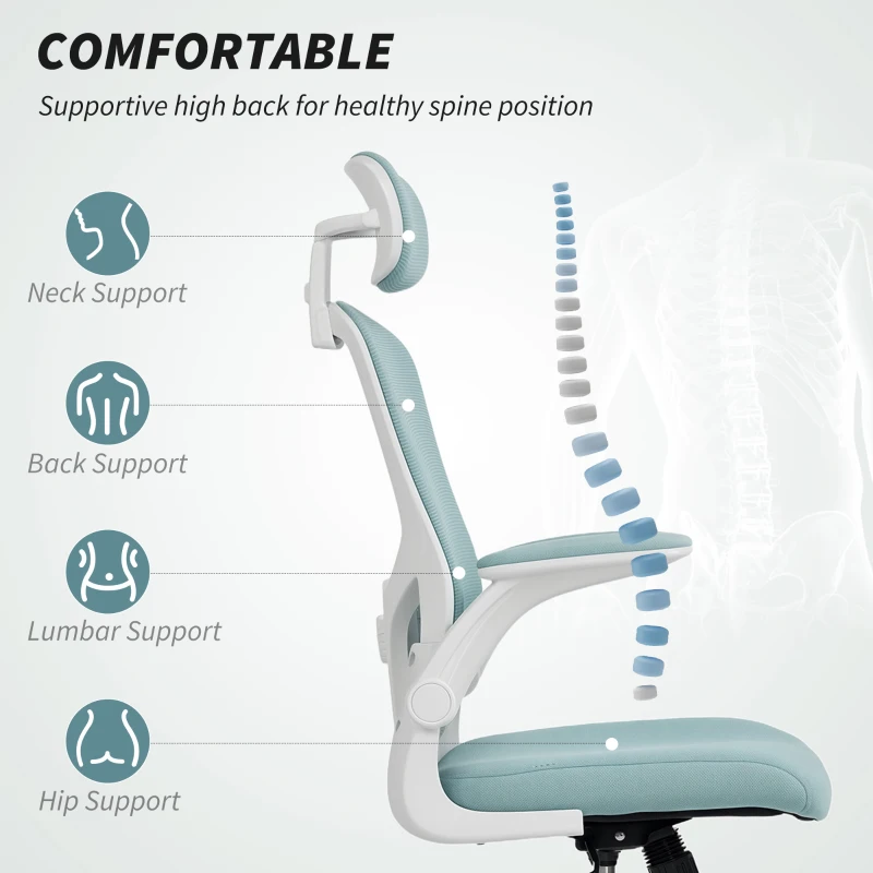 HOMCOM Ergonomic Office Chair, Mesh Desk Chair with Adjustable Headrest, Lumbar Support and Height, Tilt Function, Light Green