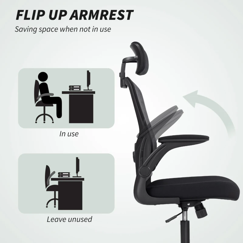 HOMCOM Ergonomic Office Chair, Mesh Desk Chair with Adjustable Headrest, Lumbar Support and Height, Flip-Up Armrests, Black