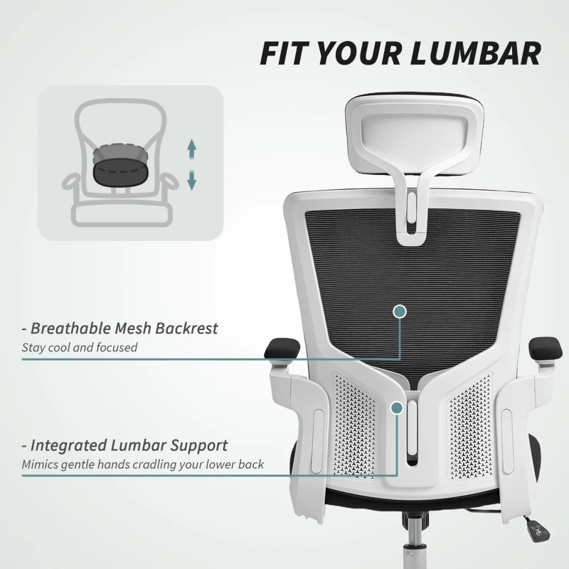 HOMCOM Ergonomic Office Chair, Swivel Desk Chair with Adjustable Lumbar Support, Headrest and Height, Flip-up Armrests, Black
