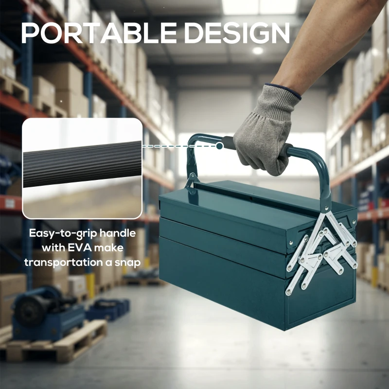 DURHAND 18" Metal Tool Box, Portable 5-Tray Cantilever Steel Tool Chest Cabinet for Garage and Warehouse, Dark Green