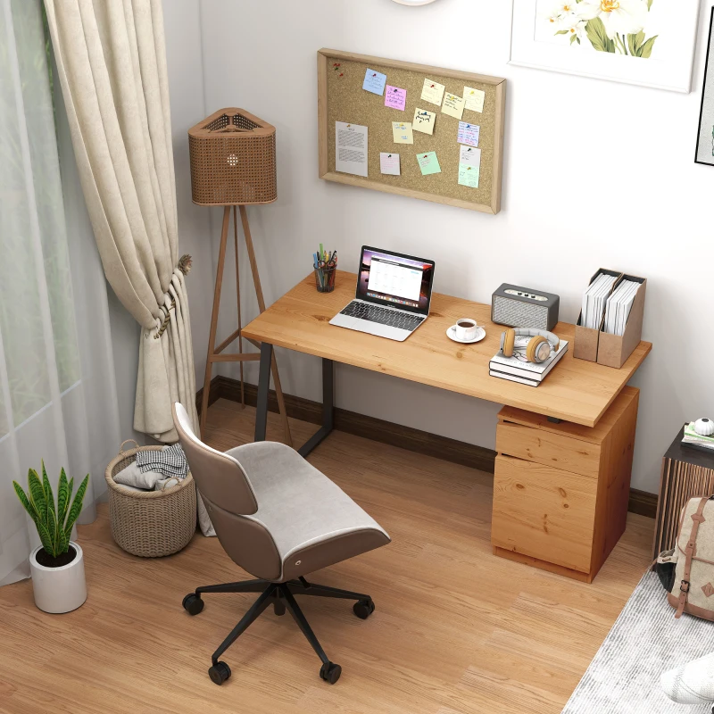 HOMCOM 53 Inch Computer Desk, Writing Table with Cabinet, Drawer, Adjustable Shelf for Home Office Study, Natural Wood