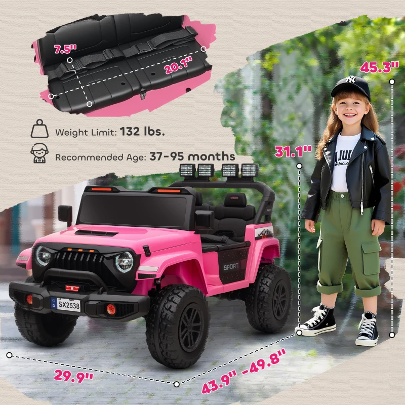 Qaba Ride on Truck Car with 2-Seater, 24V Electric Car with 4 Motors, Remote Control, Spring Suspension for 3-8 Years, Pink