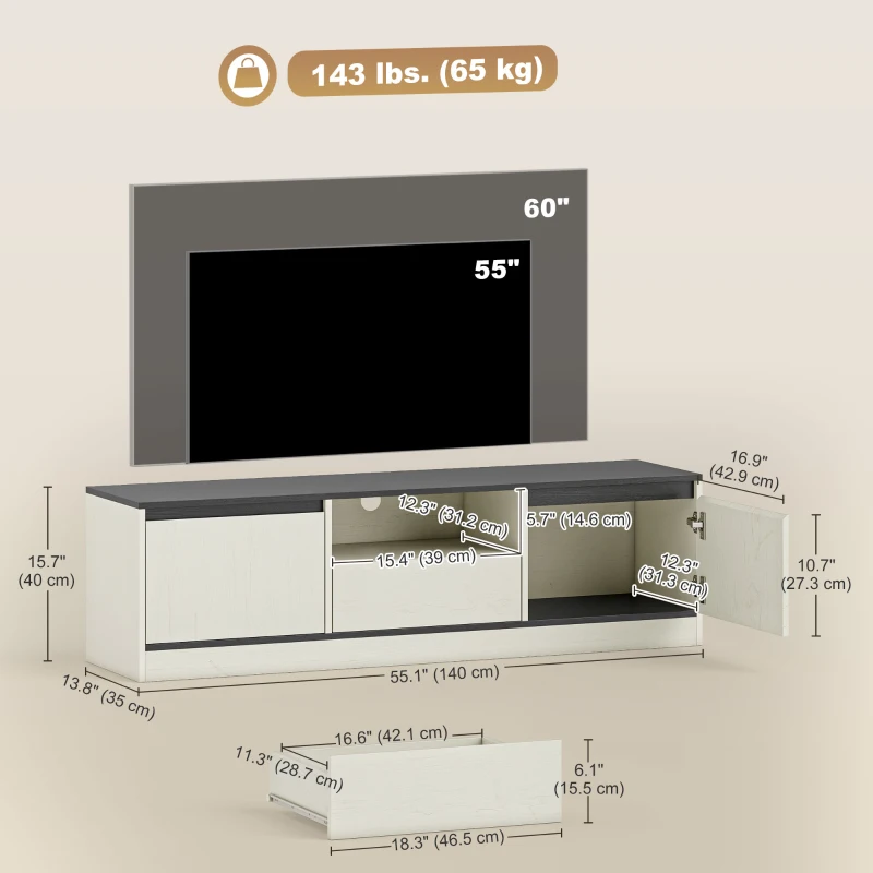 HOMCOM TV Stand for 55-60 Inch TV,  Entertainment Center w/ Cabinets, Shelf, Drawer and Cable Management for Living Room, White