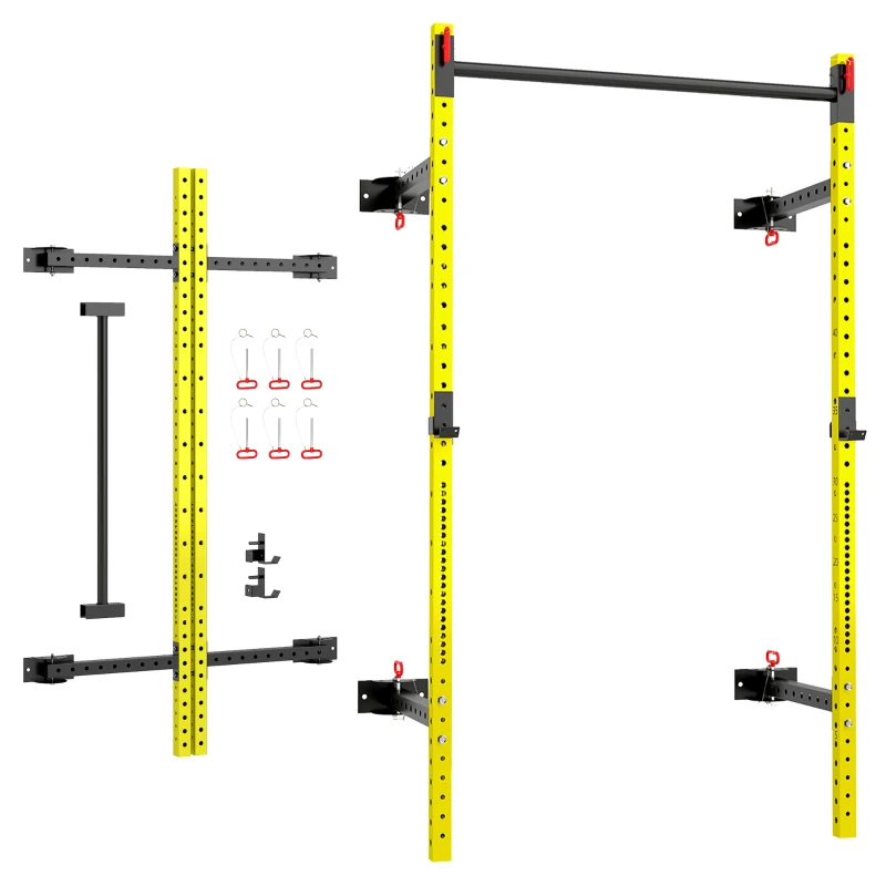 Soozier Folding Squat Rack with Pull Up Bar, Wall Mounted and Adjustable, 1000 Pounds Capacity Power Rack, Yellow
