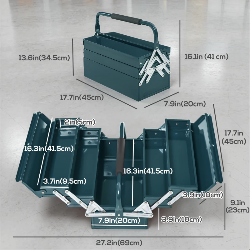 DURHAND 18" Metal Tool Box, Portable 5-Tray Cantilever Steel Tool Chest Cabinet for Garage and Warehouse, Dark Green