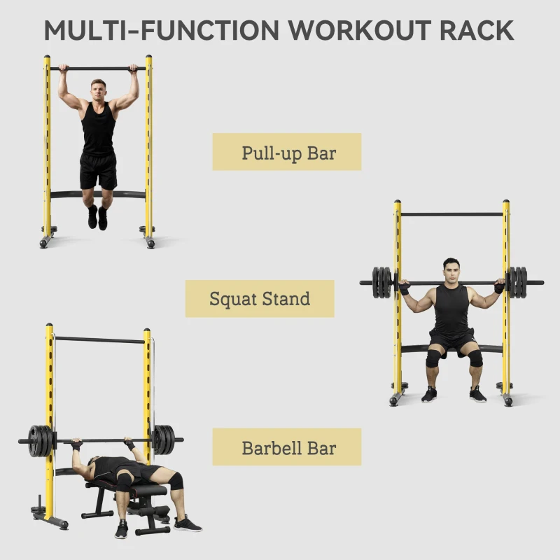 Soozier Squat Rack with Pull Up Bar and Barbell Bar Adjustable Bench Press Multi-Function Weight Lifting Half Rack, Yellow