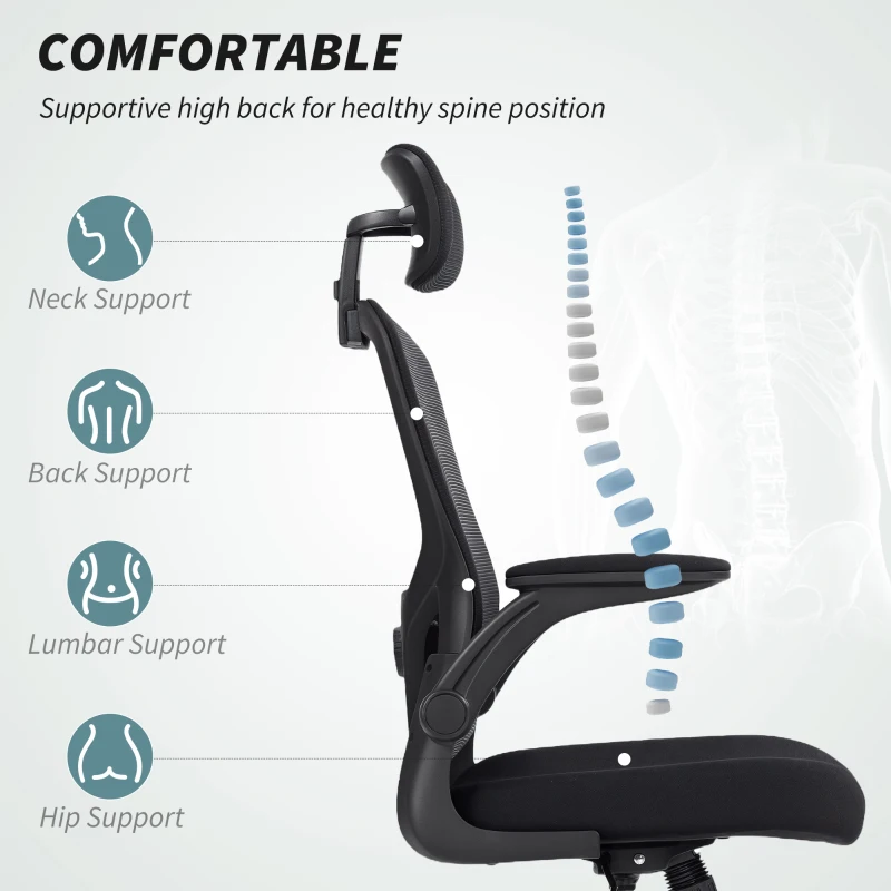 HOMCOM Ergonomic Office Chair, Mesh Desk Chair with Adjustable Headrest, Lumbar Support and Height, Flip-Up Armrests, Black