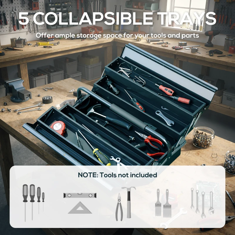 DURHAND 18" Metal Tool Box, Portable 5-Tray Cantilever Steel Tool Chest Cabinet for Garage and Warehouse, Dark Green