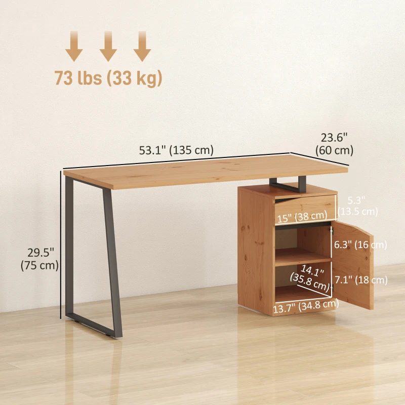 HOMCOM 53 Inch Computer Desk, Writing Table with Cabinet, Drawer, Adjustable Shelf for Home Office Study, Natural Wood