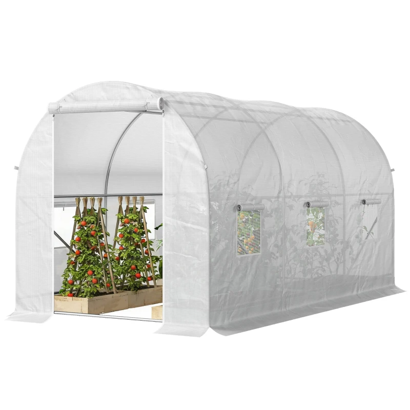 Outsunny 11.5x6.6x6.6ft Walk-in Tunnel Greenhouse Portable Garden Plant Growing Warm House with Door and Ventilation Window, White