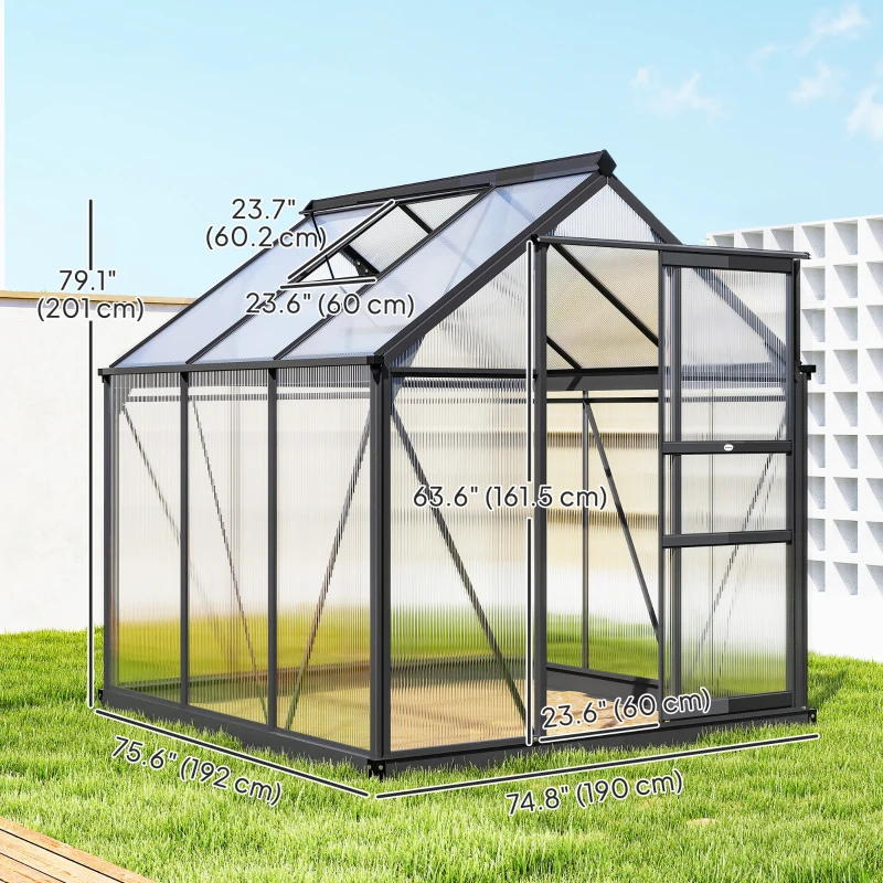 Outsunny Greenhouse Garden, Green House, Outdoor Greenhouse Kit, PC Board with Sliding Door, 6.2' x 6.3' x 6.6', Grey