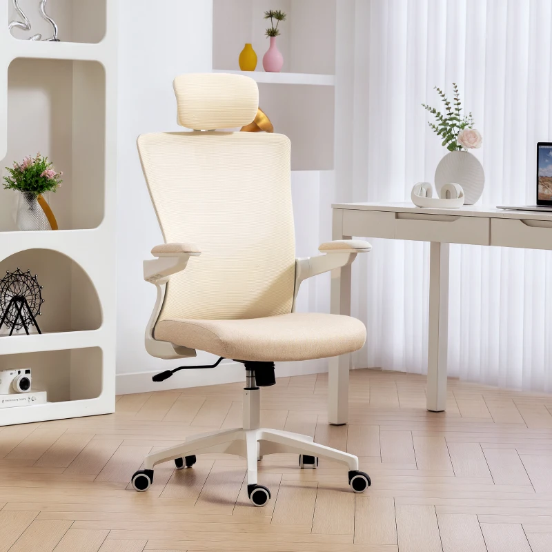 HOMCOM Ergonomic Office Chair, Swivel Desk Chair with Adjustable Lumbar Support, Headrest and Height, Flip-up Armrests, Beige