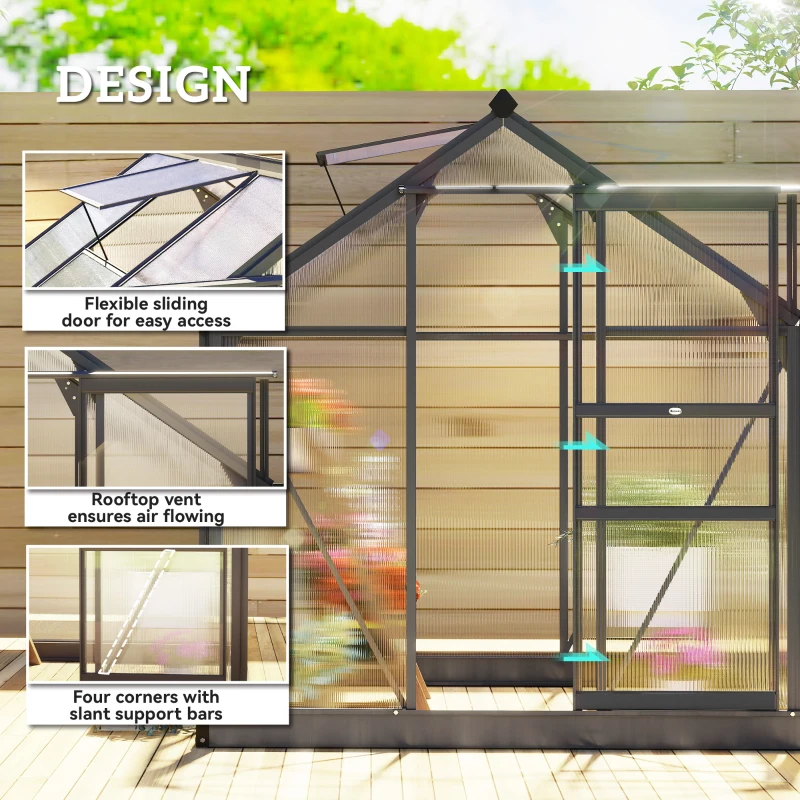 Outsunny Greenhouse Garden, Green House, Outdoor Greenhouse Kit, PC Board with Sliding Door, 6.2' x 6.3' x 6.6', Grey