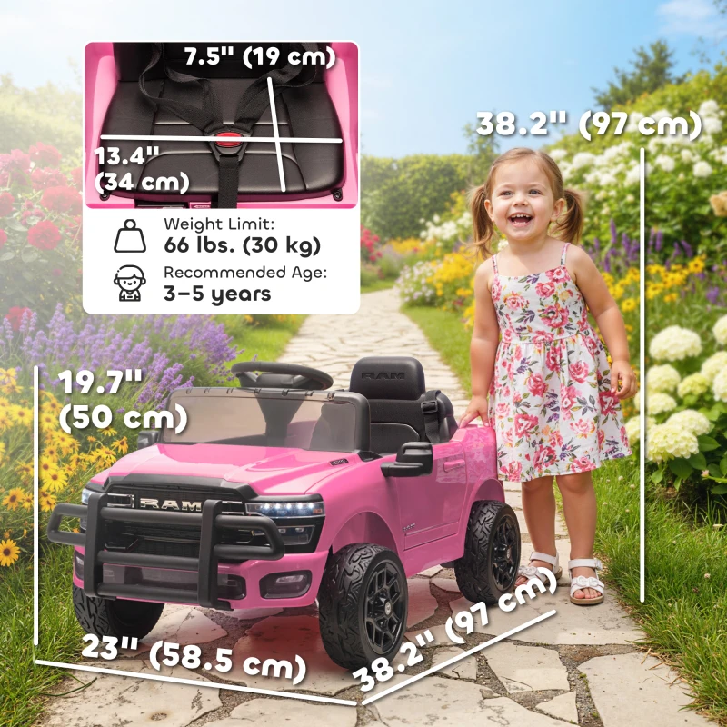 Qaba 12V Ride on Car, Licensed Dodge RAM 3500 Electric Vehicle with Remote Control, Suspension for 3-5 Years, Pink