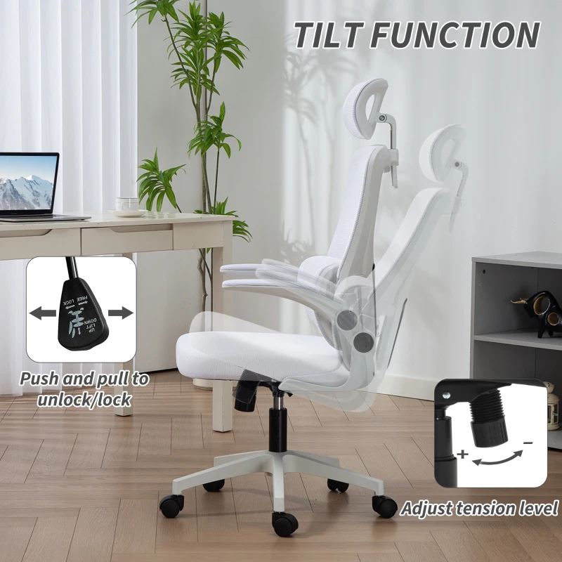 Vinsetto High Back Office Chair, Mesh Computer Chair with Rotatable Headrest, Lumbar Back Support, Adjustable Height, Cream White
