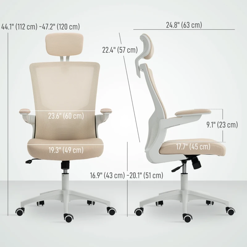 HOMCOM Ergonomic Office Chair, Swivel Desk Chair with Adjustable Lumbar Support, Headrest and Height, Flip-up Armrests, Beige