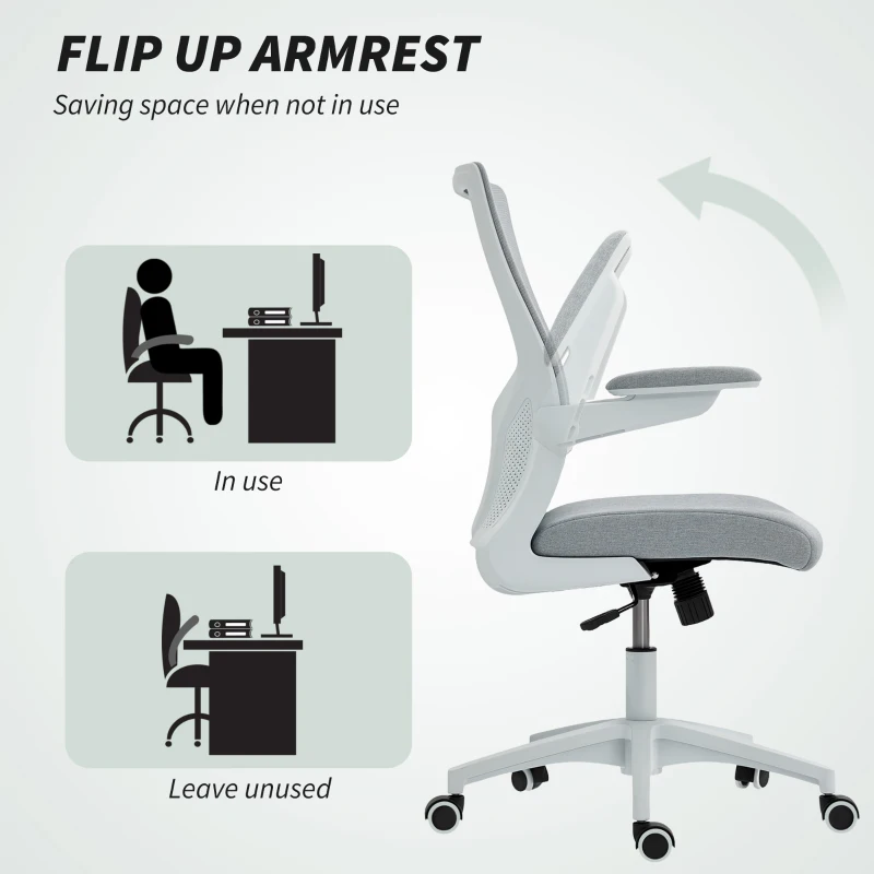 HOMCOM Ergonomic Office Chair, Swivel Desk Chair with Adjustable Lumbar Support and Height, Flip-up Armrests, Wheels, Grey