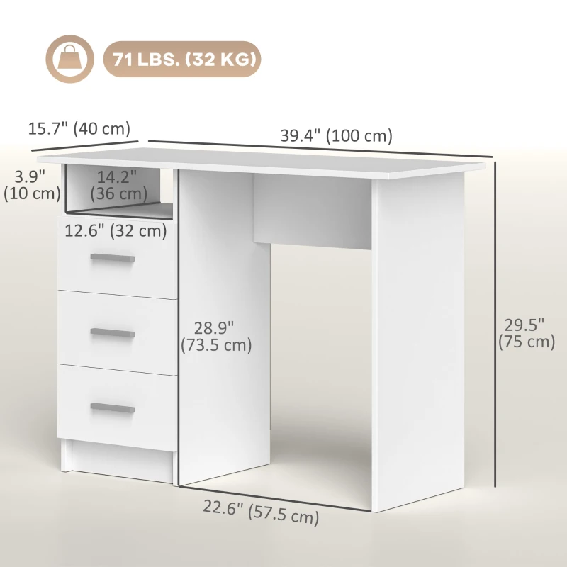HOMCOM Computer Desk with Storage, 39" Home Office Desk with 3 Drawers nad Open Shelf, Writing Table for Bedroom, White