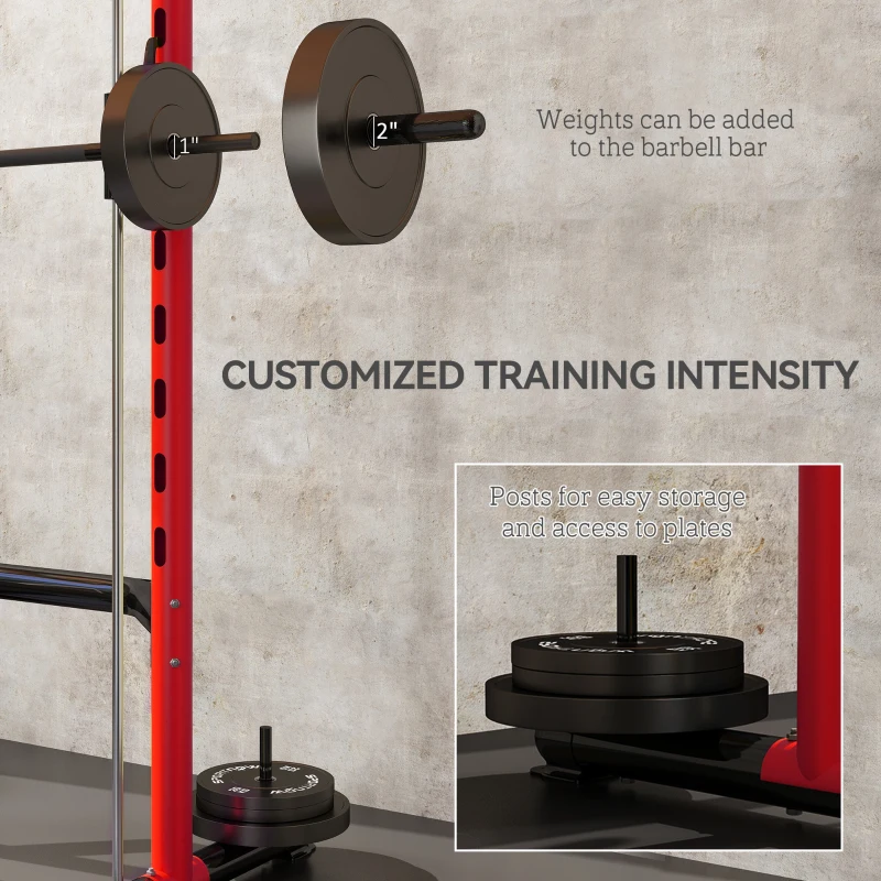 Soozier Squat Rack with Pull Up Bar and Barbell Bar Adjustable Bench Press Multi-Function Weight Lifting Half Rack Red