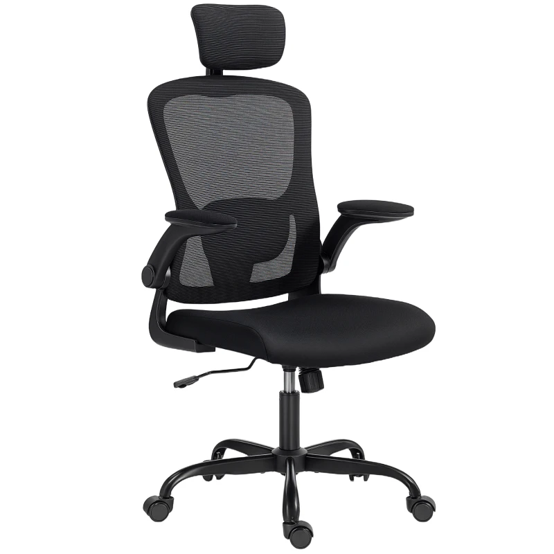 HOMCOM Ergonomic Office Chair, Mesh Desk Chair with Adjustable Headrest, Lumbar Support and Height, Flip-Up Armrests, Black