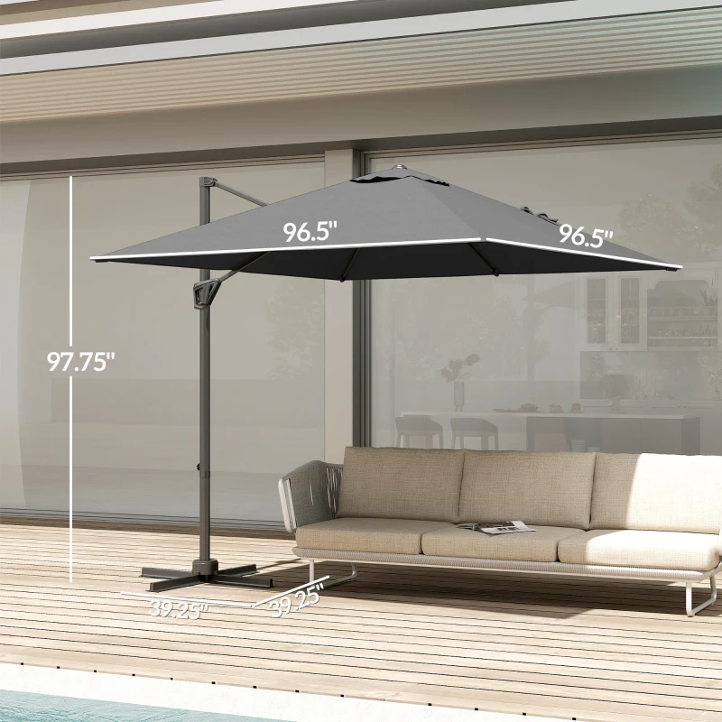 Outsunny 8FT Cantilever Patio Umbrella, Square Outdoor Offset Umbrella with 360° Rotation, Aluminum Hanging Umbrella with 3-Position Tilt, Crank & Cross Base for Garden, Dark Gray
