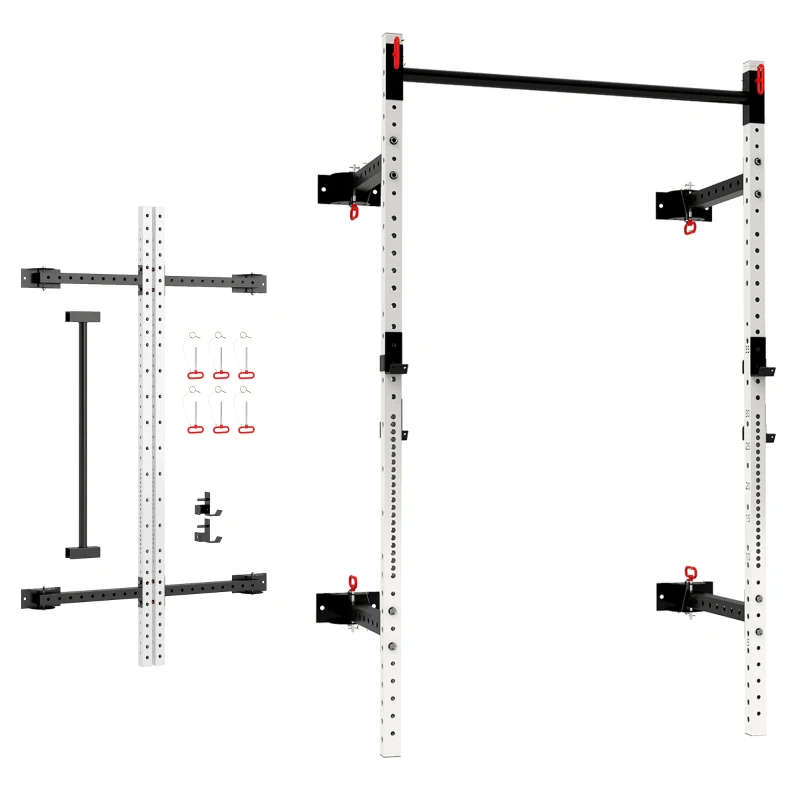 Soozier Folding Squat Rack with Pull Up Bar, Wall Mounted and Adjustable, 1000 Pounds Capacity Power Rack, White