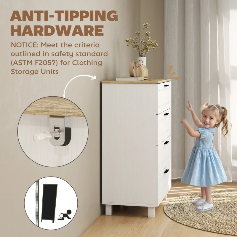 HOMCOM Dresser for Bedroom with 4 Drawers, Chest of Drawers with Solid Wood Legs for Closet, Living Room, Entryway, White