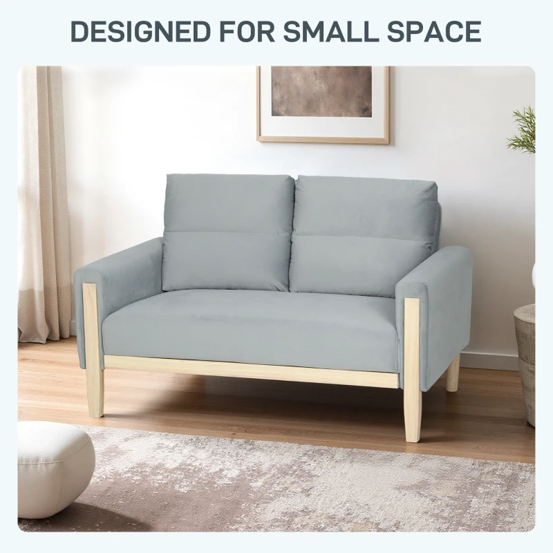 HOMCOM 53" Loveseat Sofa, Small 2 Seater Couch with Solid Wood Legs, Modern Velvet Sofa for Living Room, Small Spaces, Grey