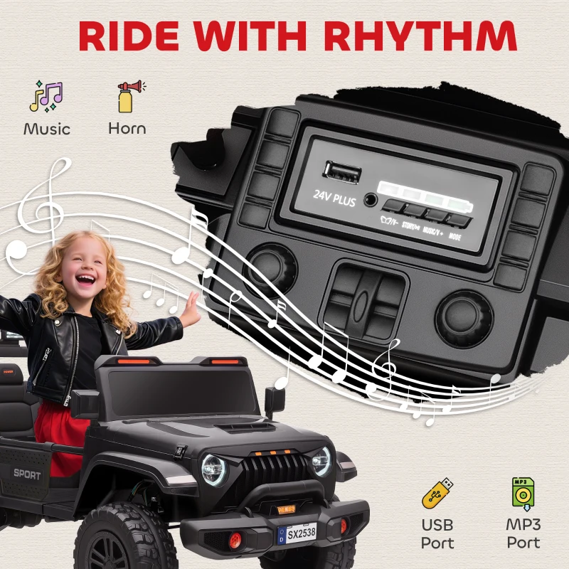 Qaba Ride on Truck Car with 2-Seater, 24V Electric Car with 4 Motors, Remote Control, Spring Suspension for 3-8 Years, Black