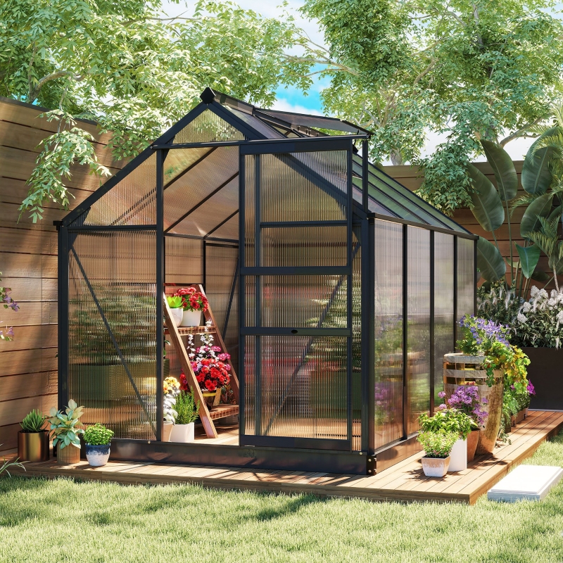 Outsunny Greenhouse Garden, Green House, Outdoor Greenhouse Kit, PC Board with Sliding Door, 6.2' x 8.3' x 6.6', Grey