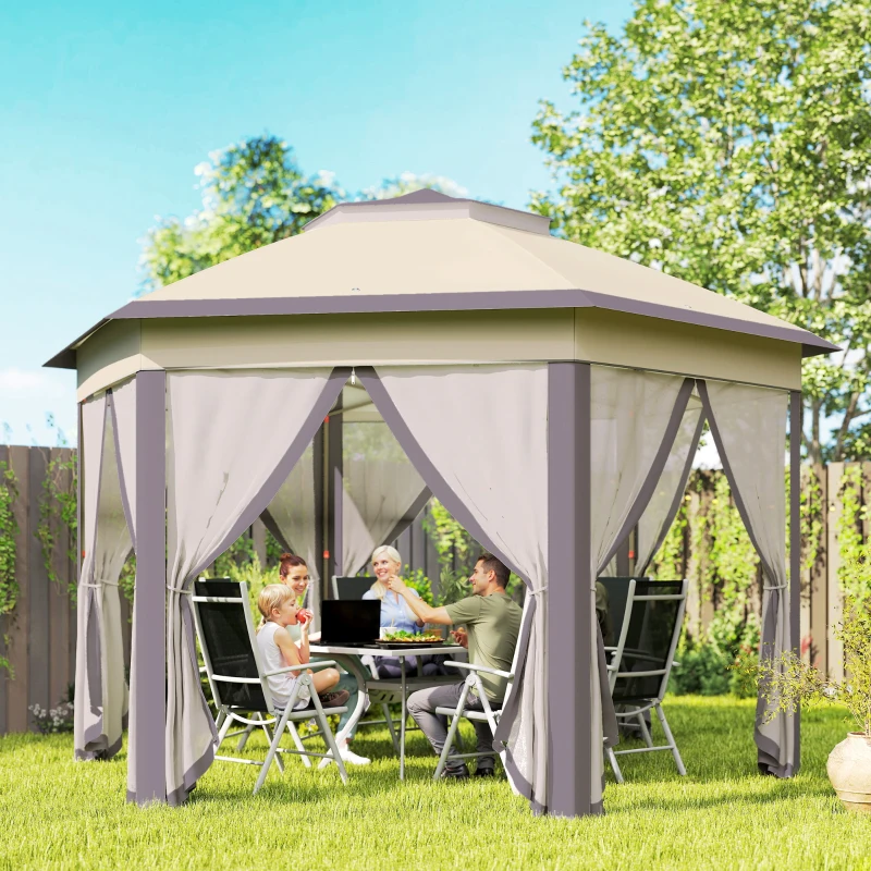 Outsunny 13' x 13' Pop Up Canopy Tent with Netting and Carry Bag, Instant Sun Shelter, Hexagon Tents for Parties, Outdoor, Garden, Patio, Coffee and Beige