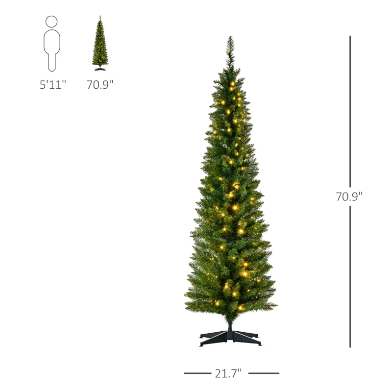 HOMCOM 6' Tall Pre-Lit Slim Noble Fir Artificial Pencil Christmas Tree with 200 Warm White LED Lights and 390 Tips, for Christmas Decoration, Green