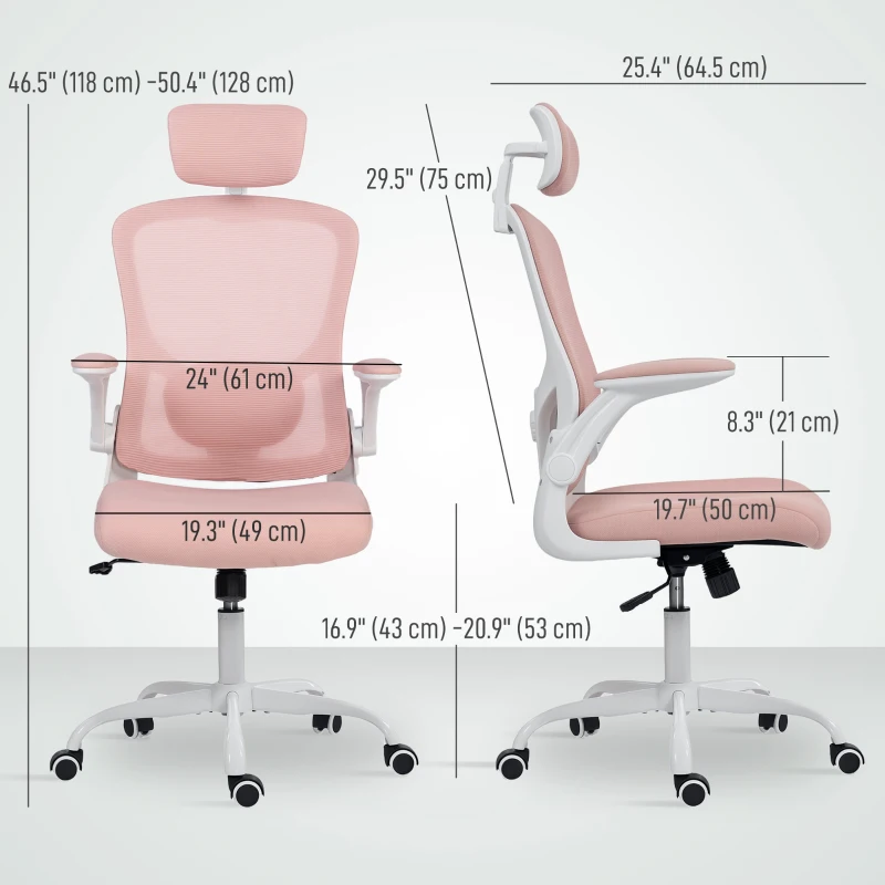 HOMCOM Ergonomic Office Chair, Mesh Desk Chair with Adjustable Headrest, Lumbar Support and Height, Flip-Up Armrests, Pink