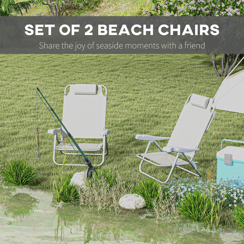 Outsunny Set of 2 Camping Chairs, Beach Chairs with Adjustable Backrest and Headrest, Folding Chair for Outdoor, Light Grey