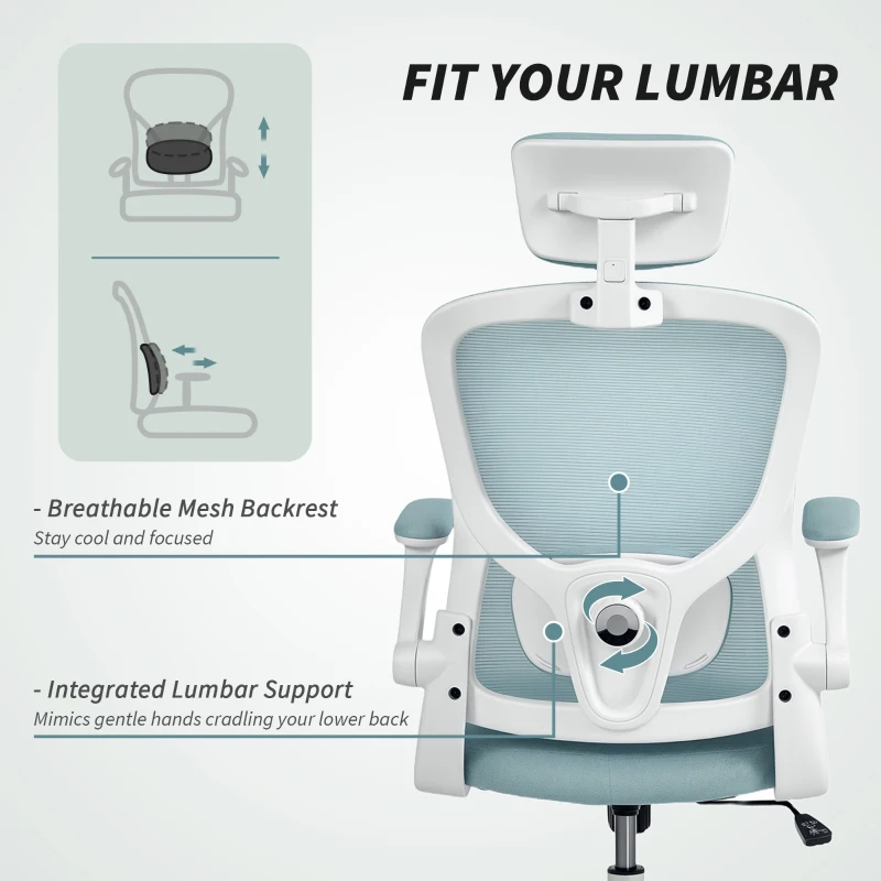 HOMCOM Ergonomic Office Chair, Mesh Desk Chair with Adjustable Headrest, Lumbar Support and Height, Tilt Function, Light Green