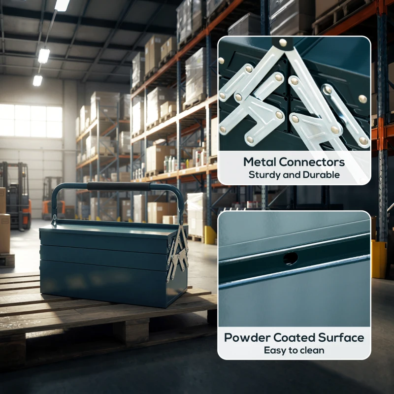 DURHAND 18" Metal Tool Box, Portable 5-Tray Cantilever Steel Tool Chest Cabinet for Garage and Warehouse, Dark Green