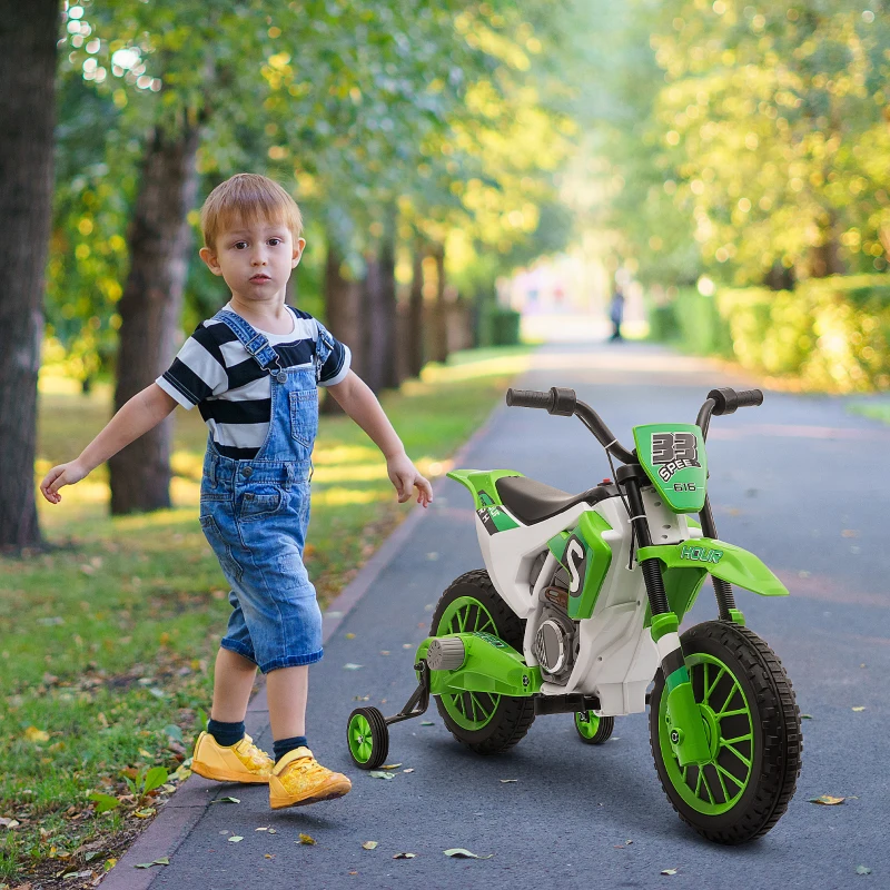 Aosom 12V Kids Motorcycle w/ Treaded Tires, 5mph Top Speed Electric Bike for Kids, Ride On Motorcycle w/ Training Wheels, Battery Charger, Spring Suspension, Green(m-10)