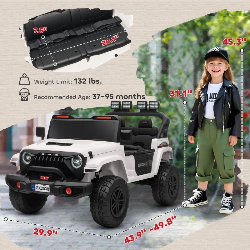 Qaba Ride on Truck Car with 2-Seater, 24V Electric Car with 4 Motors, Remote Control, Spring Suspension for 3-8 Years, White