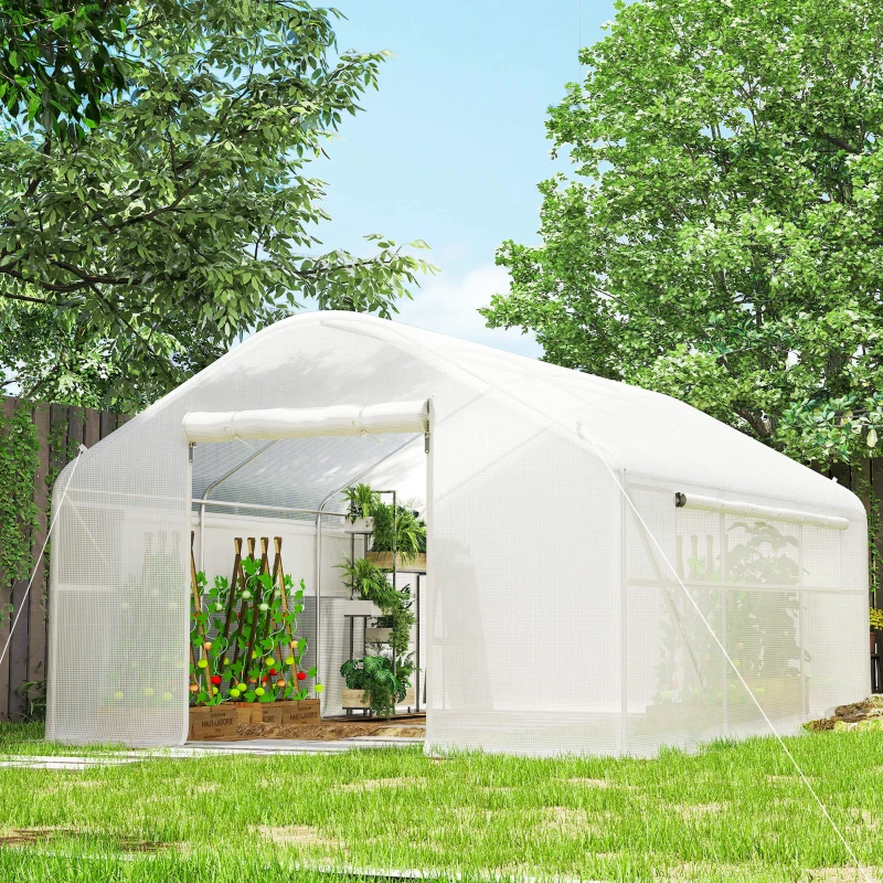 Outsunny 13' x 10' x 6.5' Tunnel Greenhouse Hoop House with Upgraded Galvanized Steel Frame and Large Windows, White